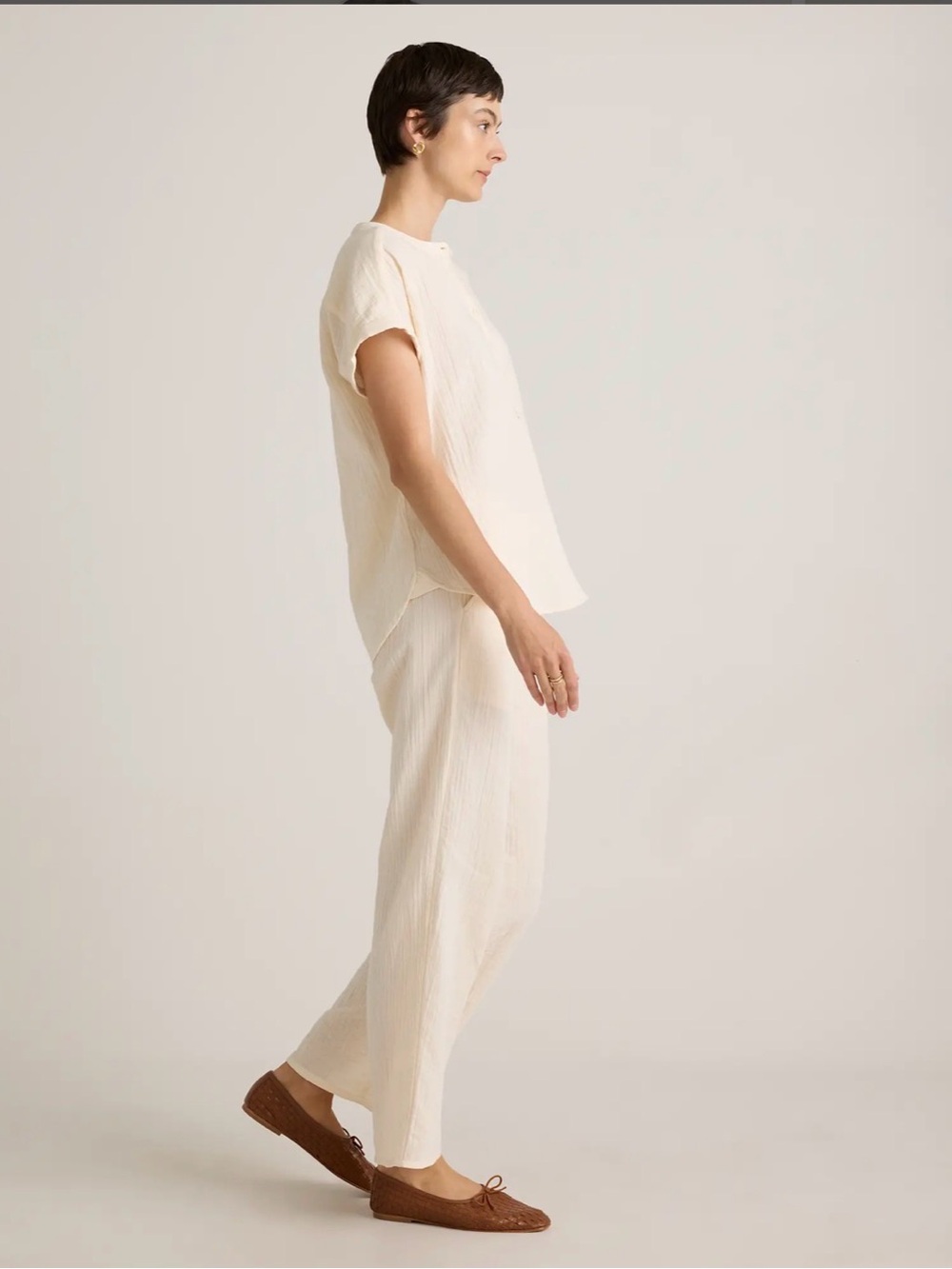 Quince Cream Short-Sleeve Henley Blouse- SIZE MEDIUM - Picture 6 of 8